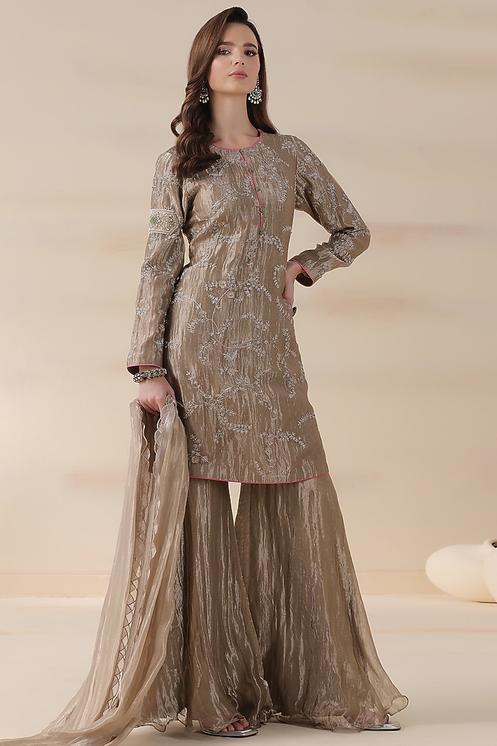 Khaki Tissue Kurta Set by Yashodhara at Pernia's Pop Up Shop