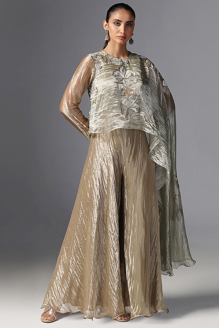 Gold Tissue Jumpsuit With Embroidered Cape by Yashodhara at Pernia's Pop Up Shop