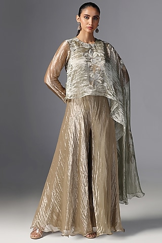 Gold Tissue Jumpsuit With Embroidered Cape by Yashodhara