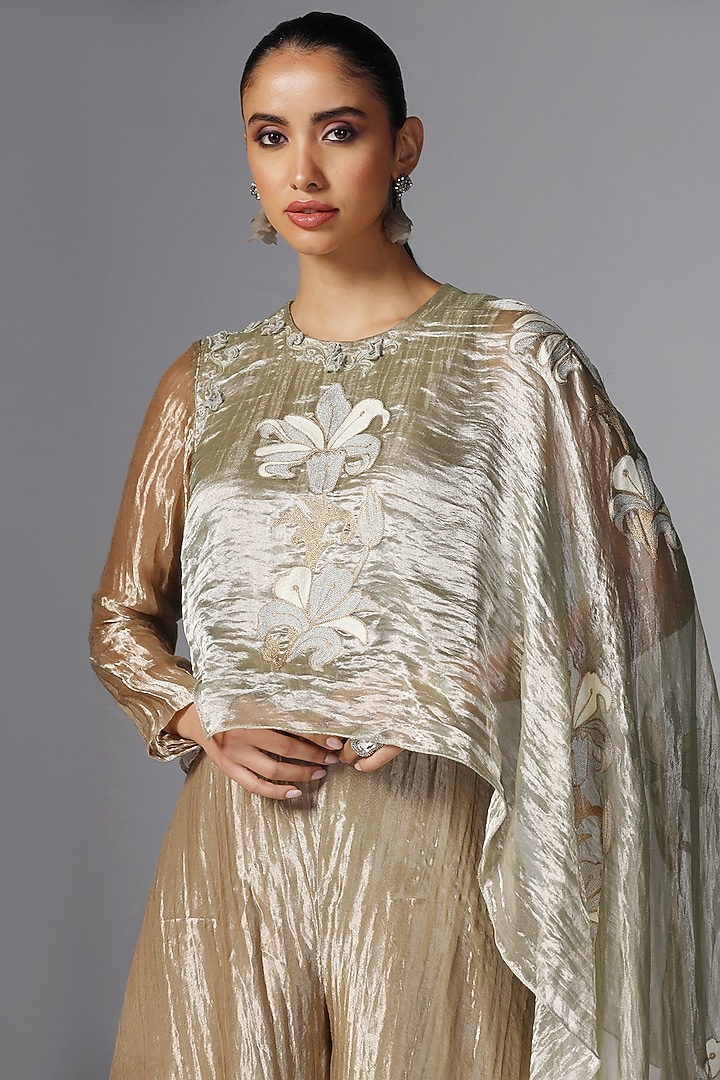Gold Tissue Jumpsuit With Embroidered Cape by Yashodhara at Pernia's Pop Up Shop