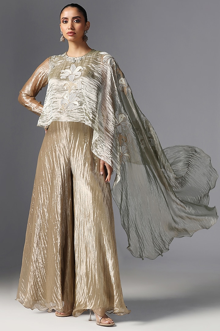 Gold Tissue Jumpsuit With Embroidered Cape by Yashodhara at Pernia's Pop Up Shop