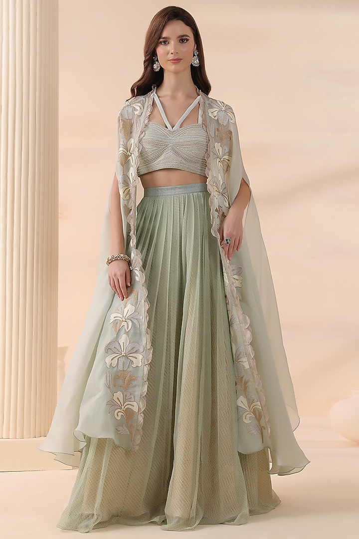 Aqua-Colored Organza Cape Set by Yashodhara at Pernia's Pop Up Shop