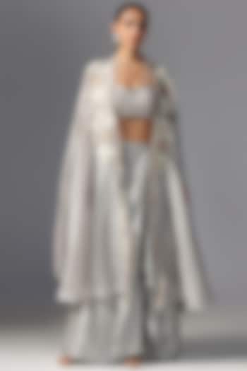 Dull Blue Organza Embroidered Cape Set by Yashodhara at Pernia's Pop Up Shop