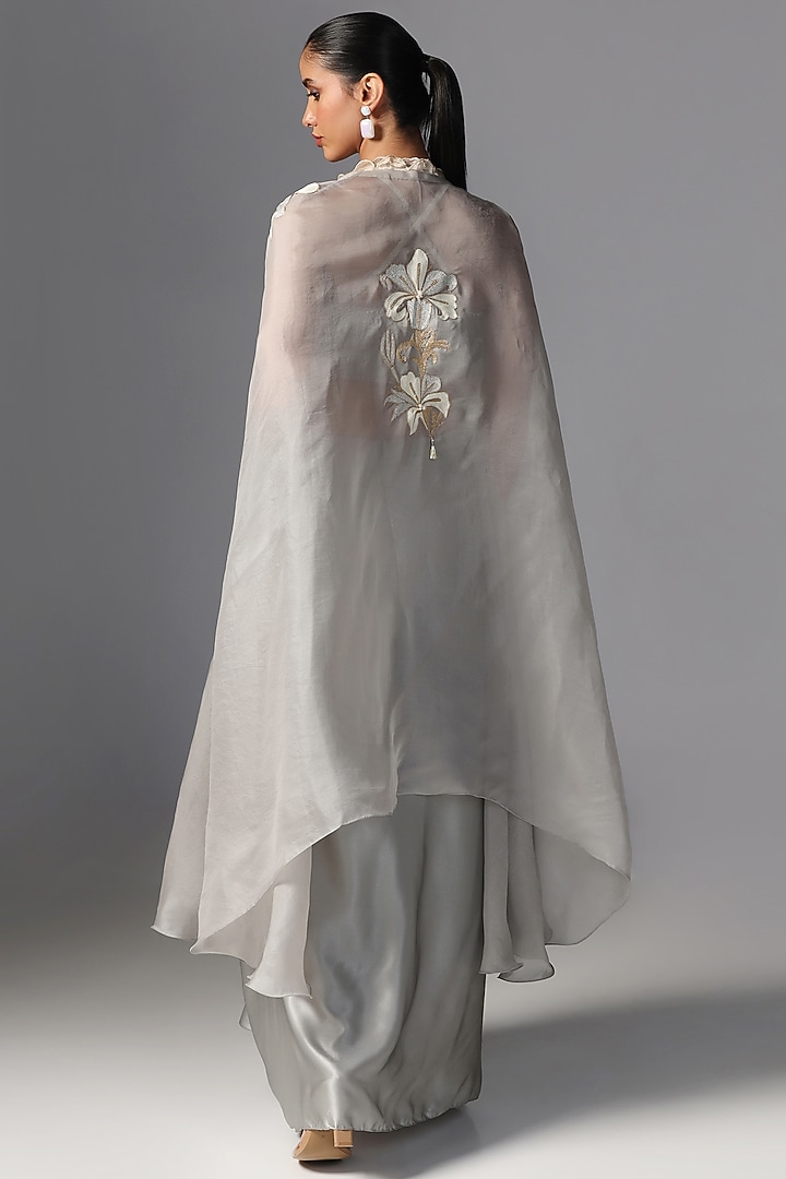 Dull Blue Organza Embroidered Cape Set by Yashodhara at Pernia's Pop Up Shop