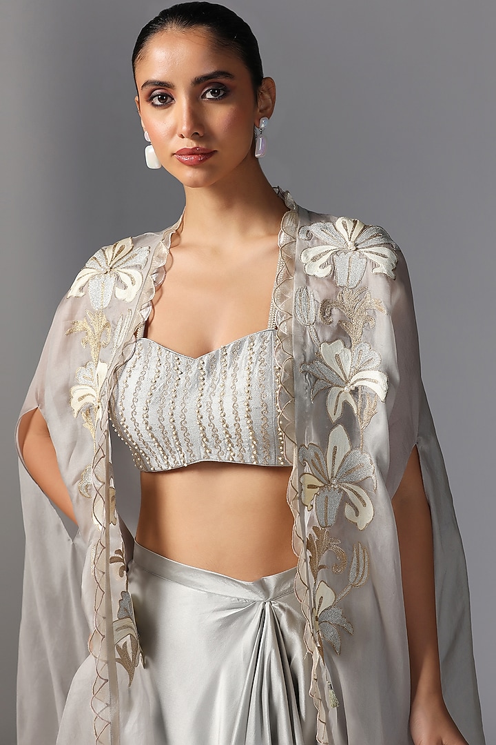 Dull Blue Organza Embroidered Cape Set by Yashodhara at Pernia's Pop Up Shop