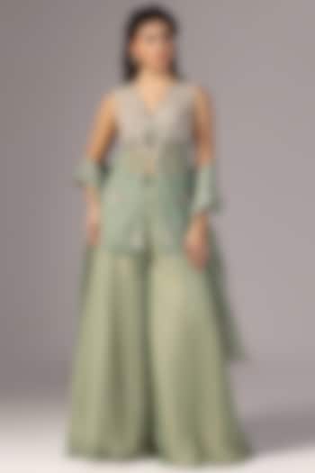 Teal Green Raw Silk & Net Embroidered Kurta Set by Yashodhara at Pernia's Pop Up Shop