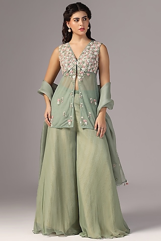 Teal Green Raw Silk & Net Embroidered Kurta Set by Yashodhara