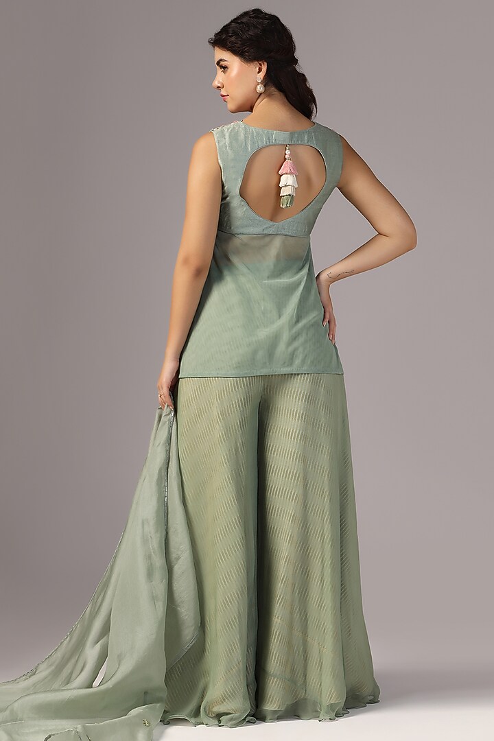 Teal Green Raw Silk & Net Embroidered Kurta Set by Yashodhara at Pernia's Pop Up Shop