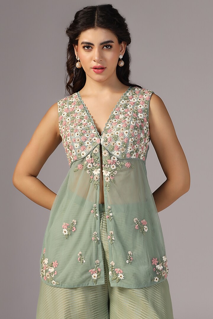 Teal Green Raw Silk & Net Embroidered Kurta Set by Yashodhara at Pernia's Pop Up Shop