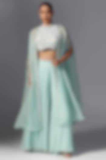 Aqua Organza Embroidered Cape Set by Yashodhara at Pernia's Pop Up Shop