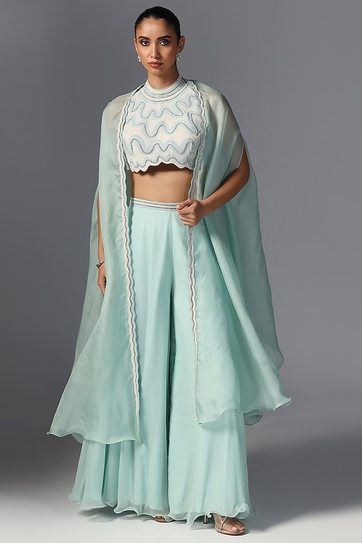 Aqua Organza Embroidered Cape Set by Yashodhara at Pernia's Pop Up Shop