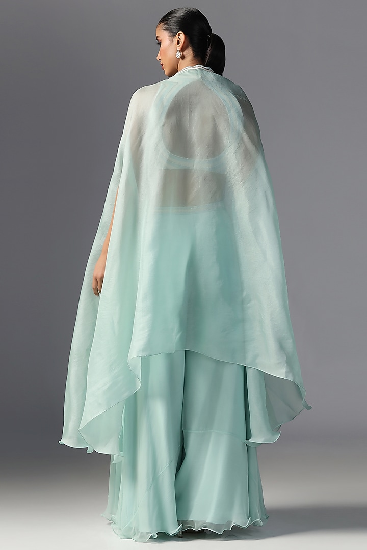 Aqua Organza Embroidered Cape Set by Yashodhara at Pernia's Pop Up Shop