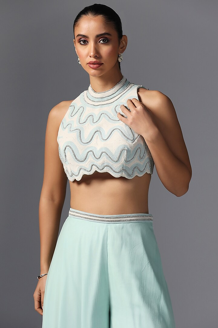 Aqua Organza Embroidered Cape Set by Yashodhara at Pernia's Pop Up Shop