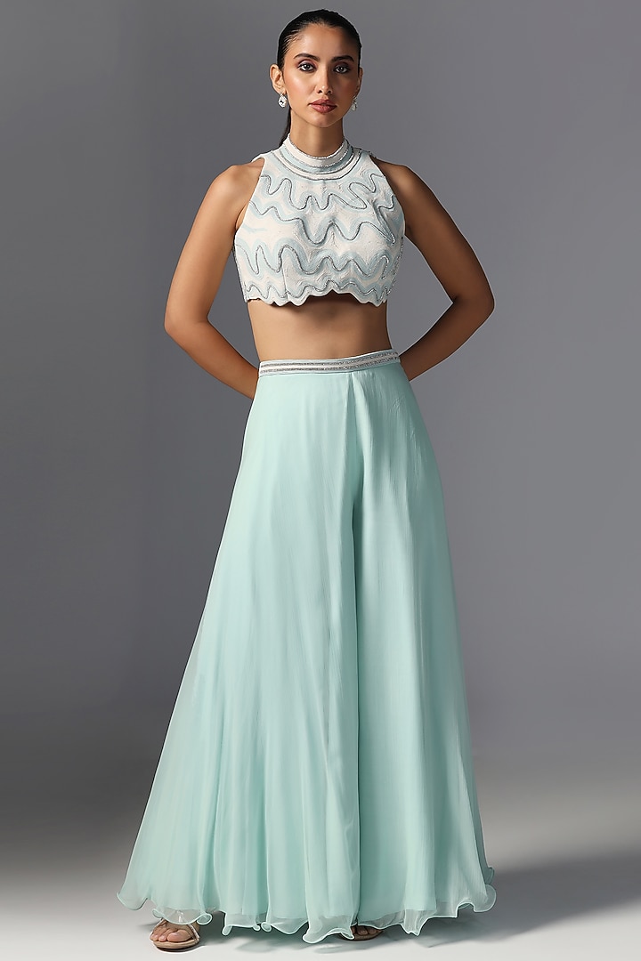 Aqua Organza Embroidered Cape Set by Yashodhara at Pernia's Pop Up Shop