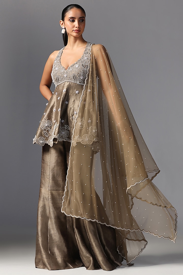 Khaki Raw Silk Embroidered Kurta Set by Yashodhara at Pernia's Pop Up Shop