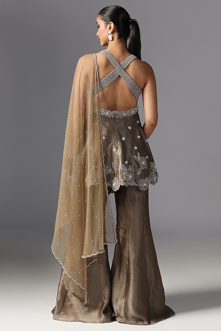 Khaki Raw Silk Embroidered Kurta Set by Yashodhara at Pernia's Pop Up Shop