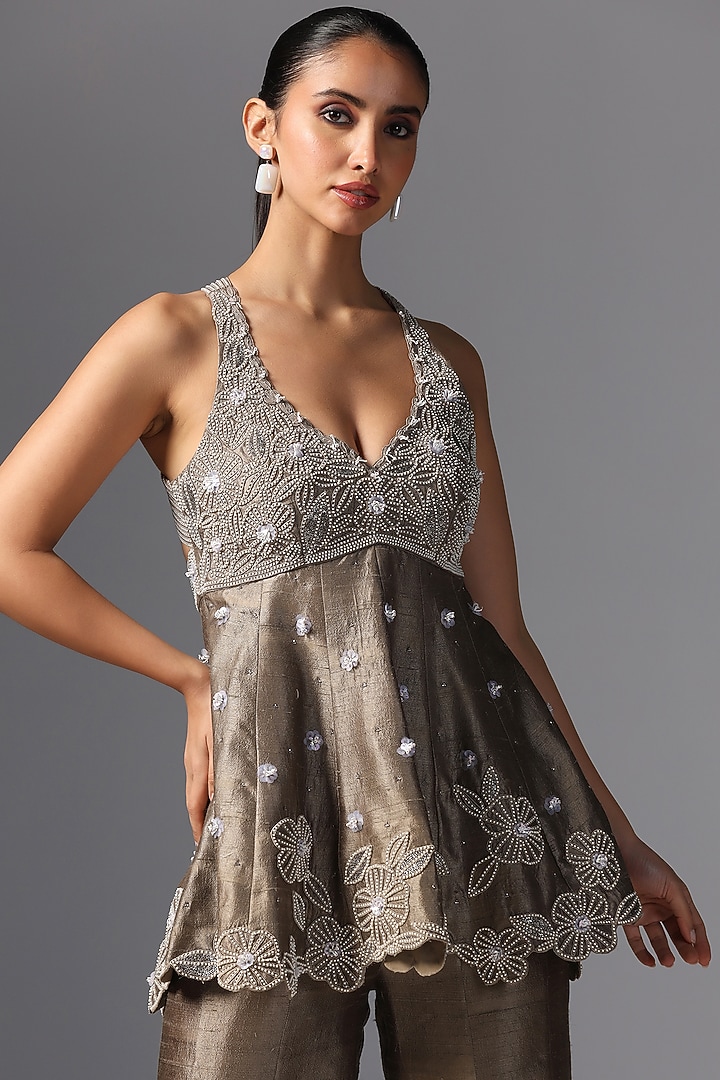 Khaki Raw Silk Embroidered Kurta Set by Yashodhara at Pernia's Pop Up Shop