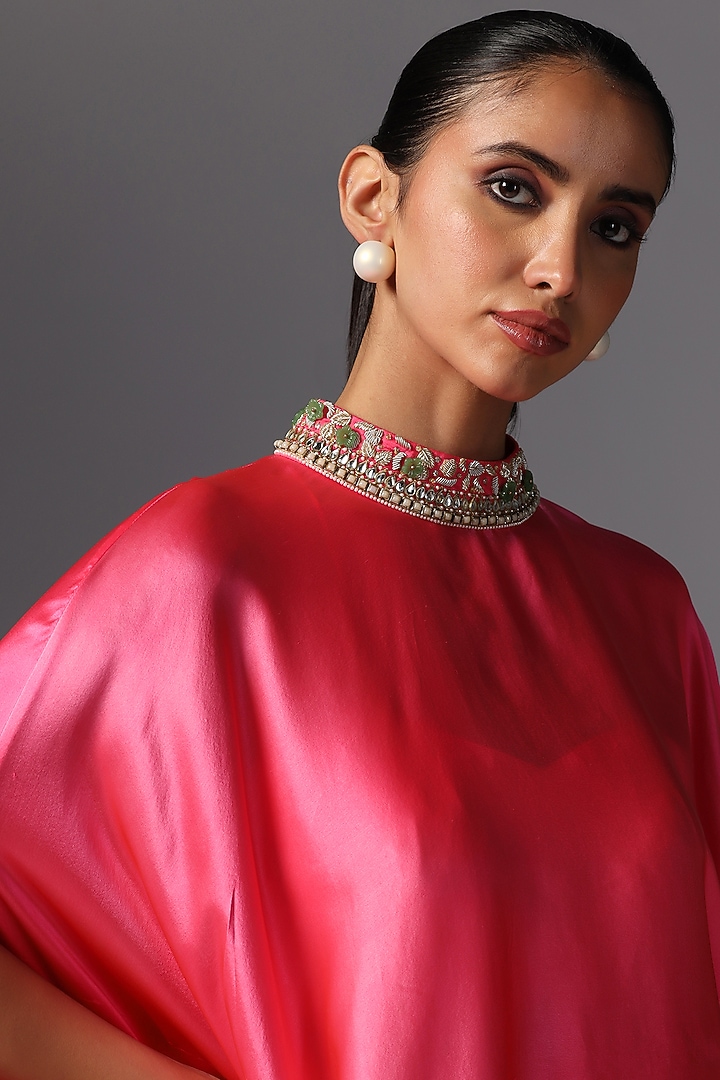Rani Pink Chamois Satin Embroidered Cape Set by Yashodhara at Pernia's Pop Up Shop