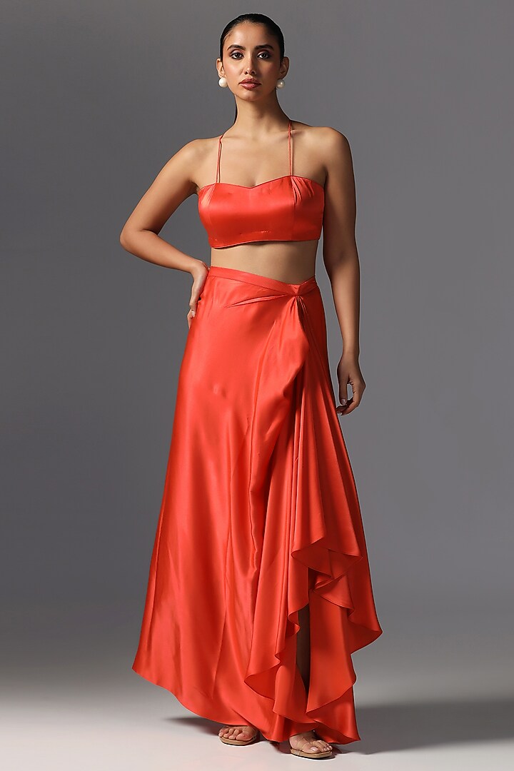 Coral Chamois Satin Embroidered Cape Set by Yashodhara at Pernia's Pop Up Shop