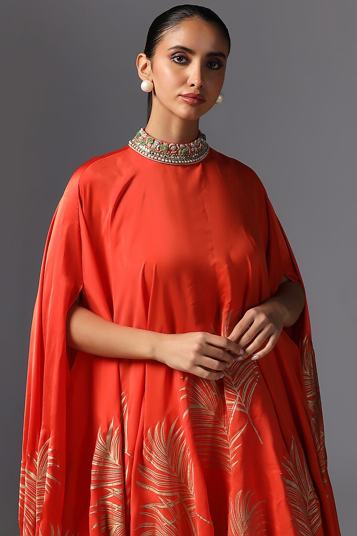 Coral Chamois Satin Embroidered Cape Set by Yashodhara at Pernia's Pop Up Shop