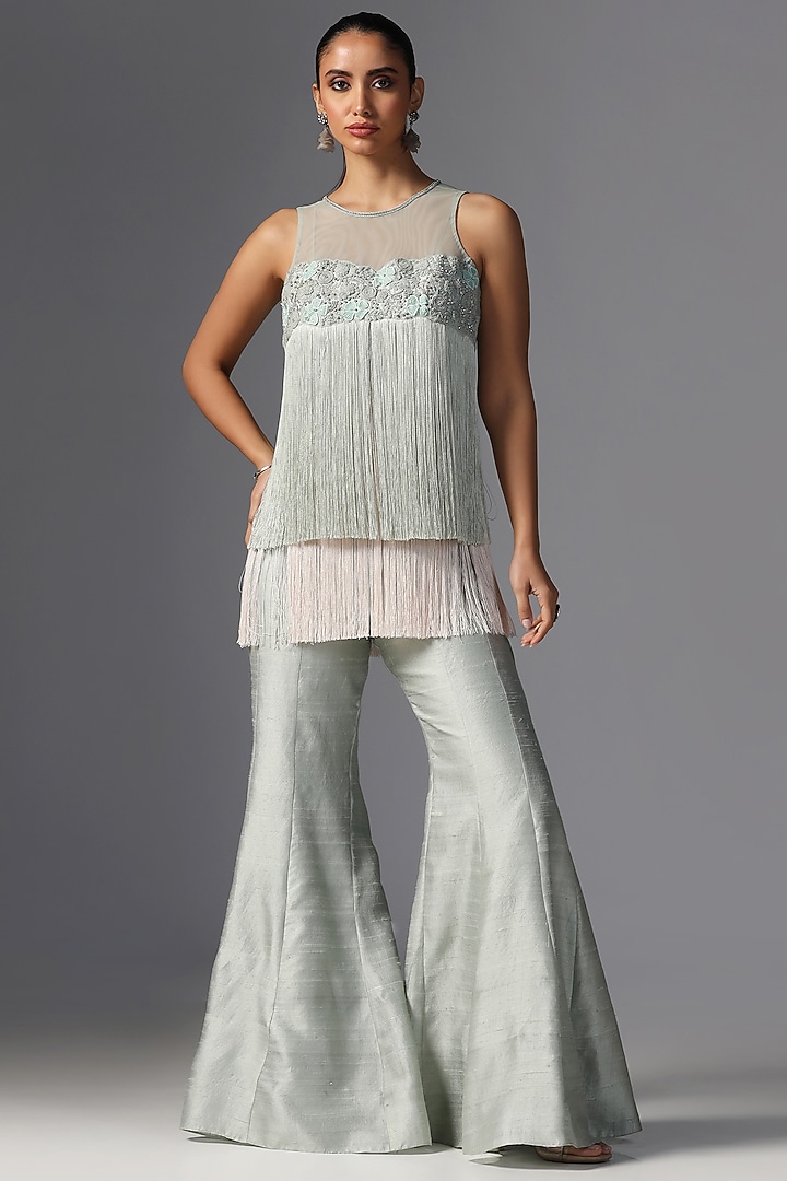 Aqua Raw Silk Palazzo Pant Set by Yashodhara at Pernia's Pop Up Shop