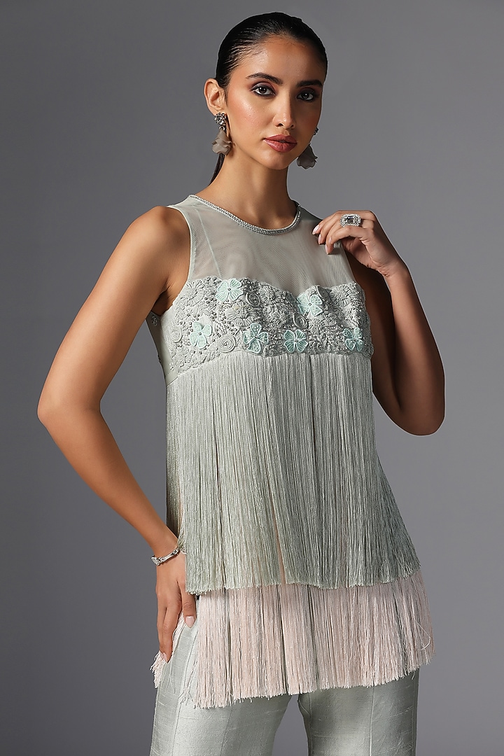 Aqua Raw Silk Palazzo Pant Set by Yashodhara at Pernia's Pop Up Shop