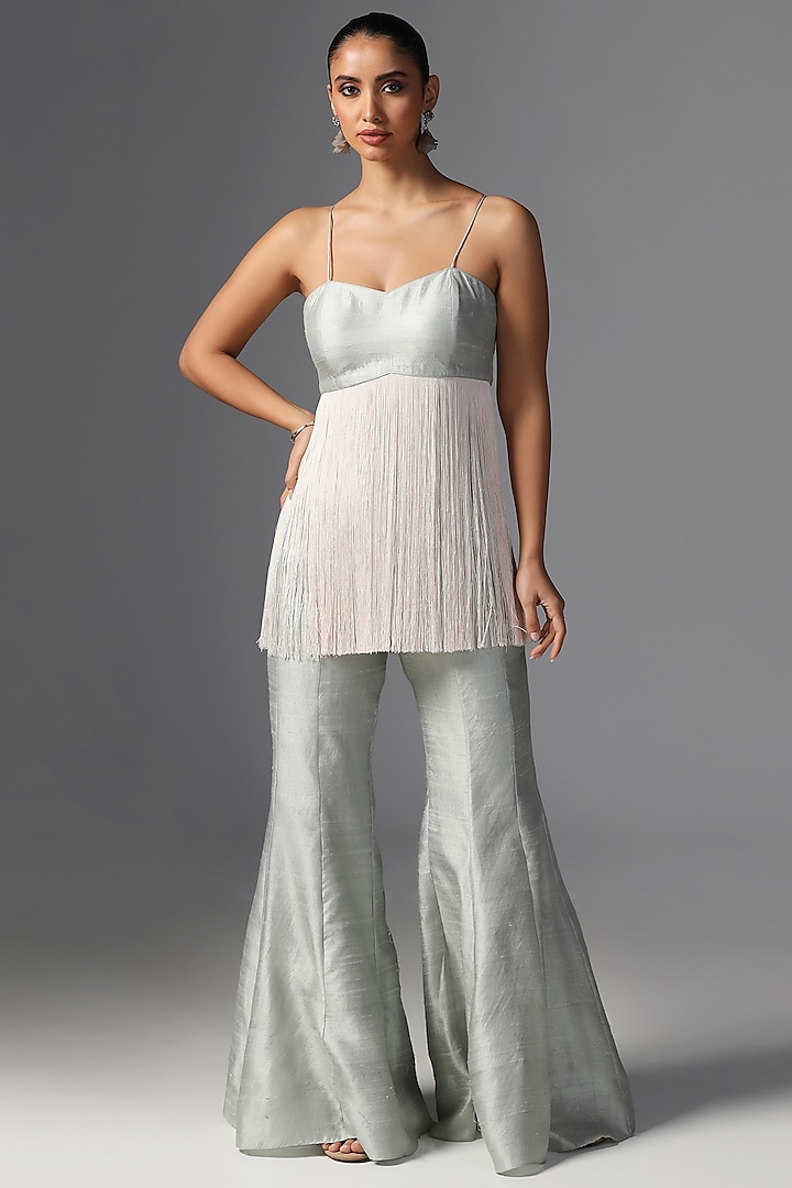 Aqua Raw Silk Palazzo Pant Set by Yashodhara at Pernia's Pop Up Shop