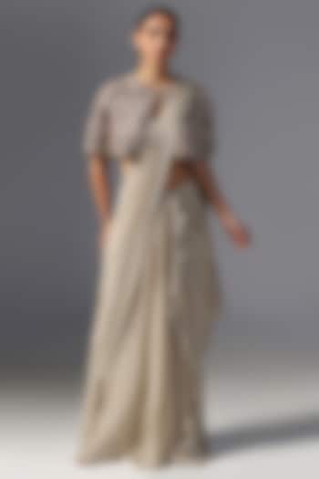 Dark Vanilla Chiffon Embroidered Jacket Wedding Saree Set by Yashodhara at Pernia's Pop Up Shop