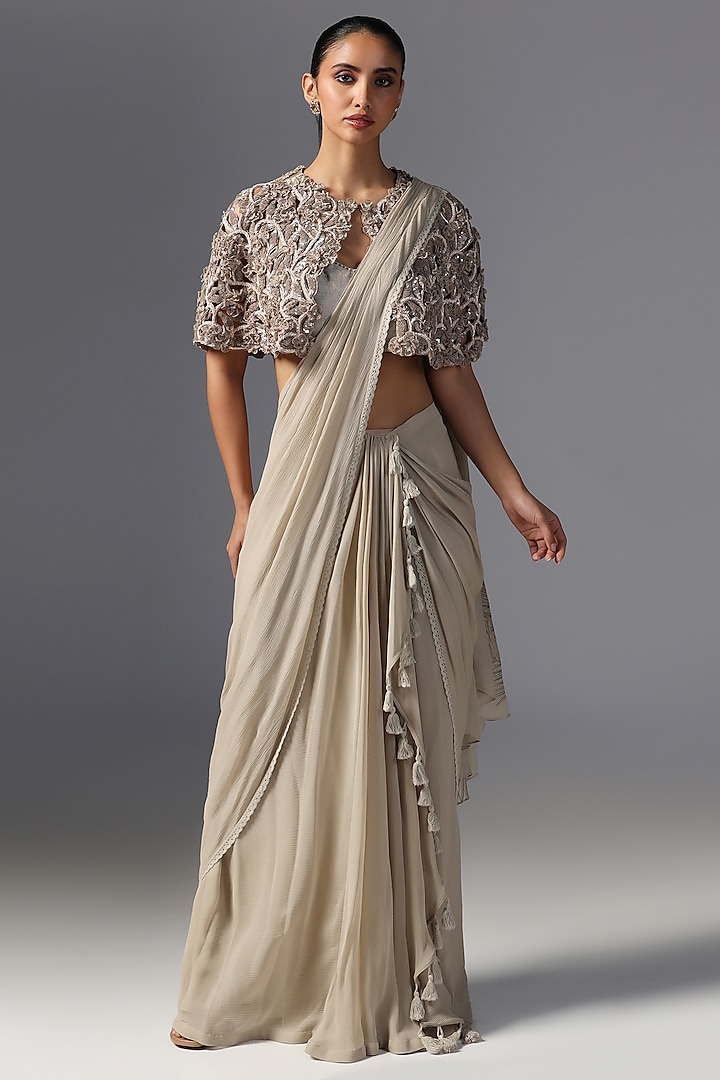 Dark Vanilla Chiffon Embroidered Jacket Wedding Saree Set by Yashodhara at Pernia's Pop Up Shop