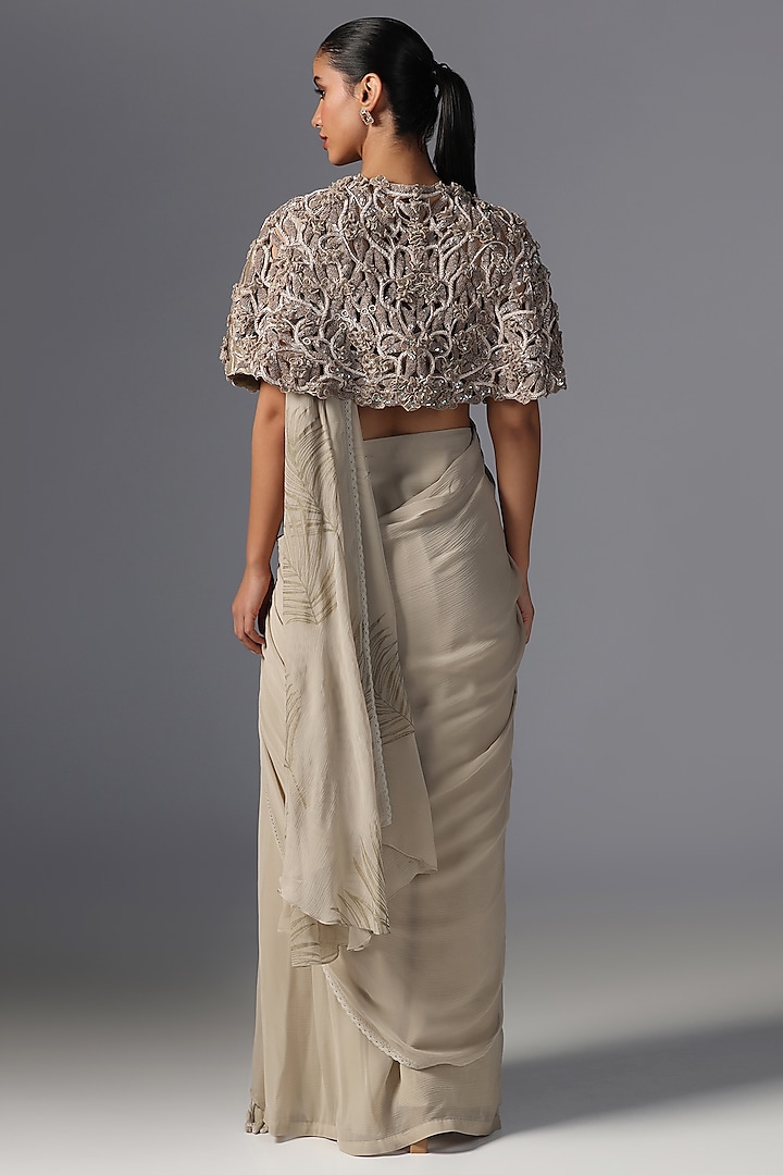 Dark Vanilla Chiffon Embroidered Jacket Wedding Saree Set by Yashodhara at Pernia's Pop Up Shop