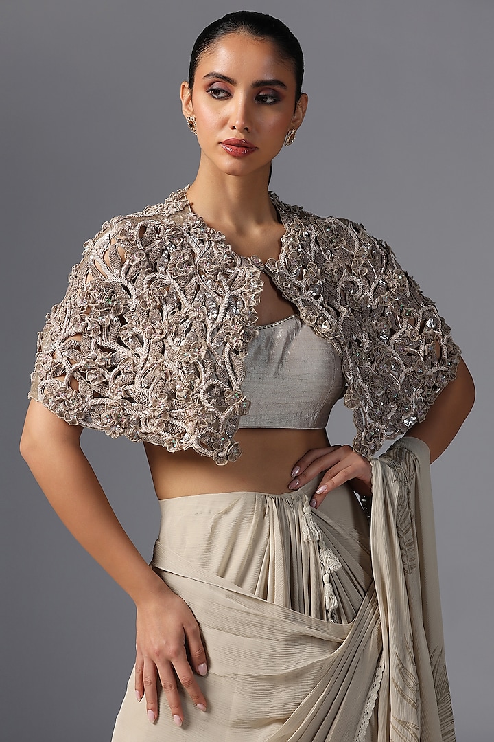 Dark Vanilla Chiffon Embroidered Jacket Wedding Saree Set by Yashodhara at Pernia's Pop Up Shop