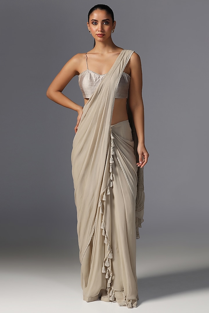 Dark Vanilla Chiffon Embroidered Jacket Wedding Saree Set by Yashodhara at Pernia's Pop Up Shop