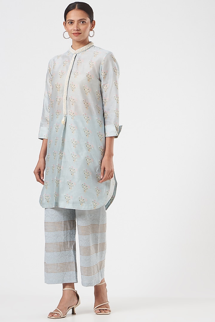 Grey Chanderi Printed Kurta Set by Yashodhara