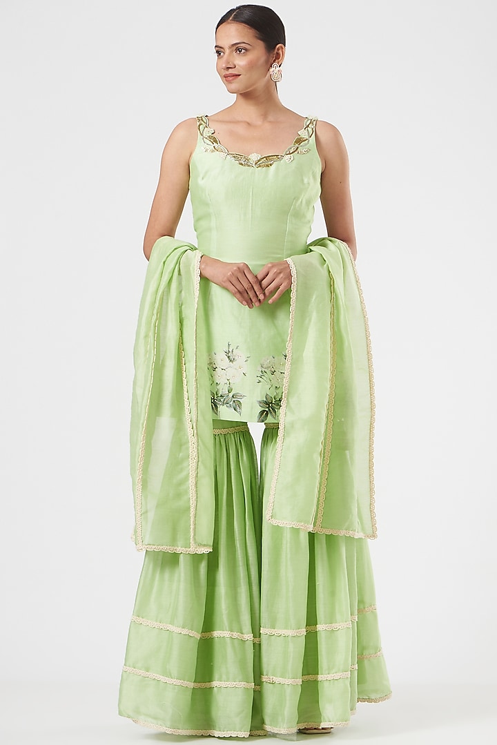 Green Silk Chanderi Sharara Set by Yashodhara