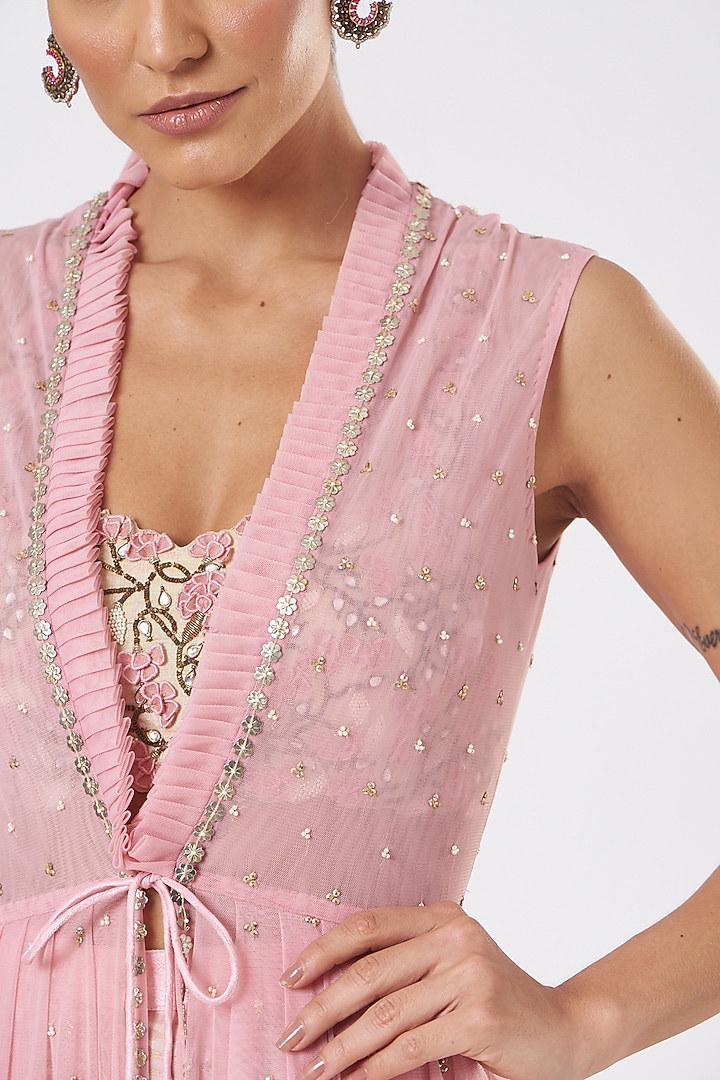 Blush Pink Chiffon & Raw Silk Jacket Set by Yashodhara at Pernia's Pop Up Shop