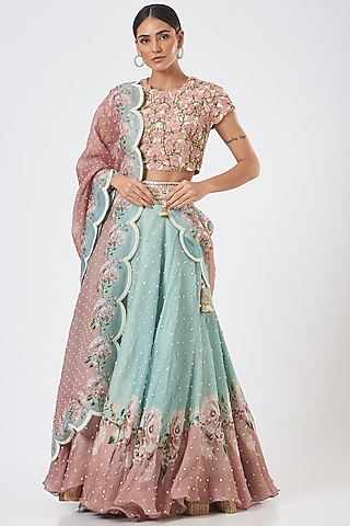 Green Raw Silk Printed Lehenga Set by Yashodhara