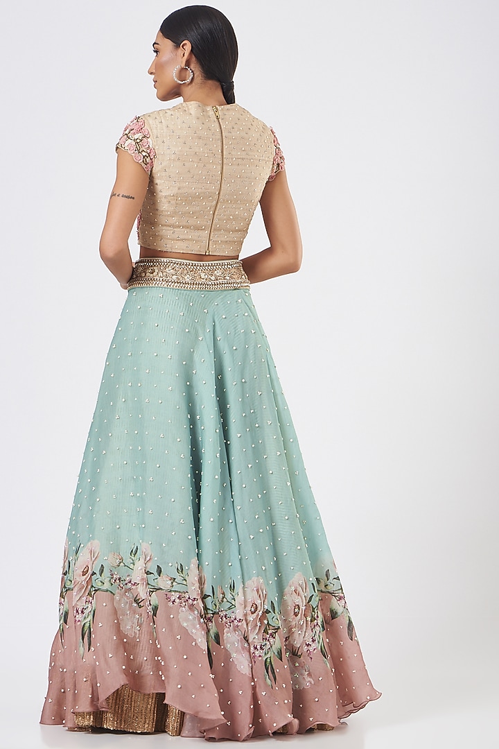 Green Raw Silk Printed Wedding Lehenga Set by Yashodhara at Pernia's Pop Up Shop