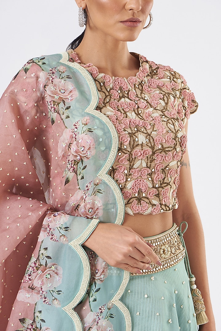 Green Raw Silk Printed Wedding Lehenga Set by Yashodhara at Pernia's Pop Up Shop