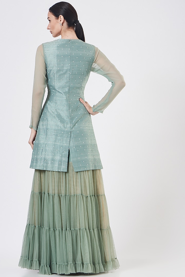 Greyish Green Raw Silk Wedding Sharara Set by Yashodhara at Pernia's Pop Up Shop