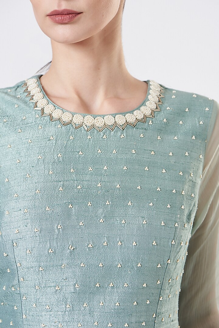 Greyish Green Raw Silk Wedding Sharara Set by Yashodhara at Pernia's Pop Up Shop
