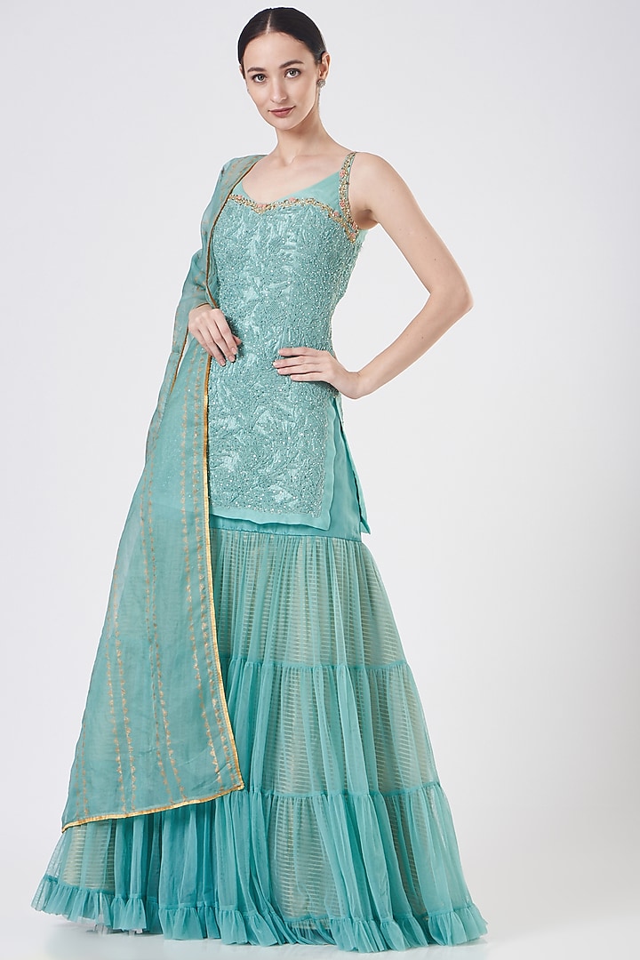 Blue Raw Silk Wedding Sharara Set by Yashodhara at Pernia's Pop Up Shop