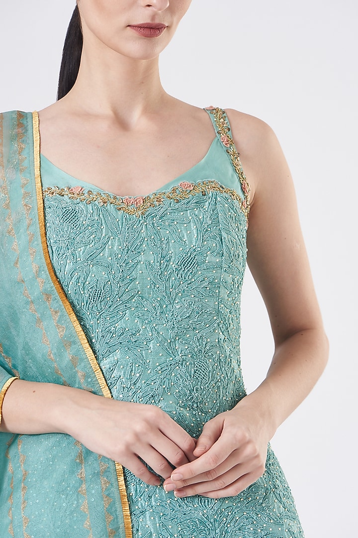 Blue Raw Silk Wedding Sharara Set by Yashodhara at Pernia's Pop Up Shop
