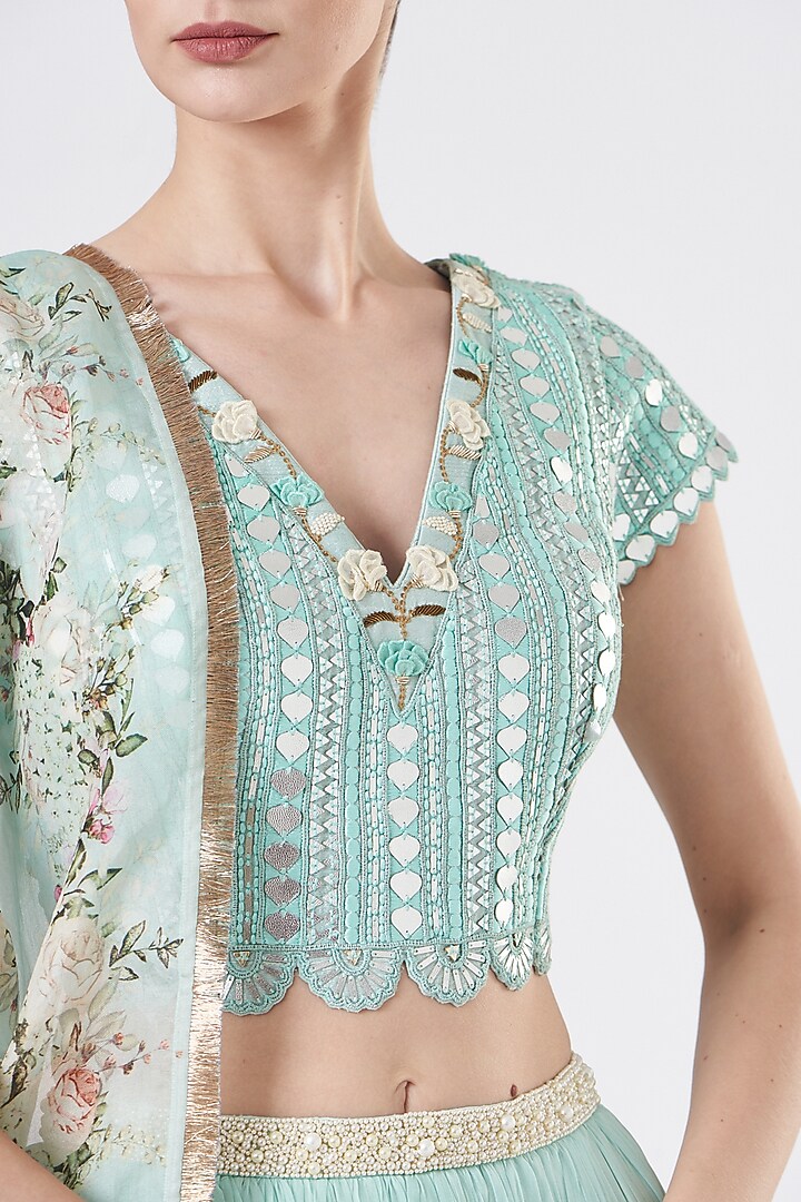 Sea Green Printed Wedding Lehenga Set by Yashodhara at Pernia's Pop Up Shop