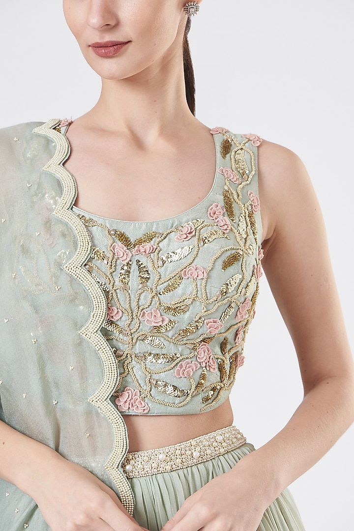 Green Raw Silk Wedding Lehenga Set by Yashodhara at Pernia's Pop Up Shop