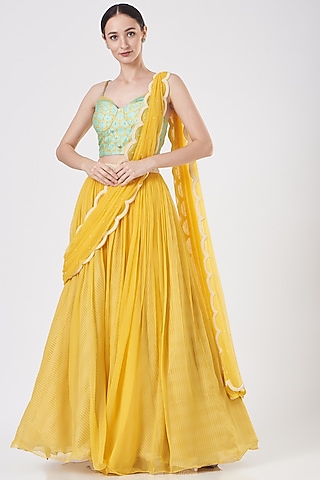 Butter Yellow Draped Lehenga Set by Yashodhara