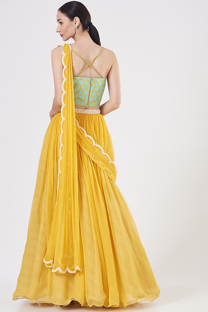 Butter Yellow Draped Wedding Lehenga Set by Yashodhara at Pernia's Pop Up Shop