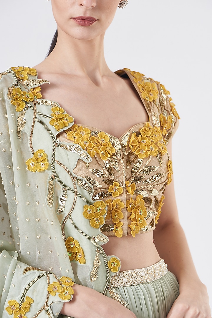 Green Floral Printed Wedding Lehenga Set by Yashodhara at Pernia's Pop Up Shop