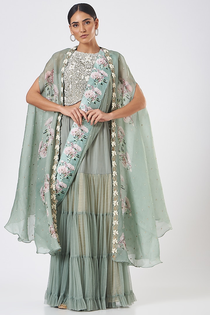 Mint Green Organza Lehenga Set by Yashodhara