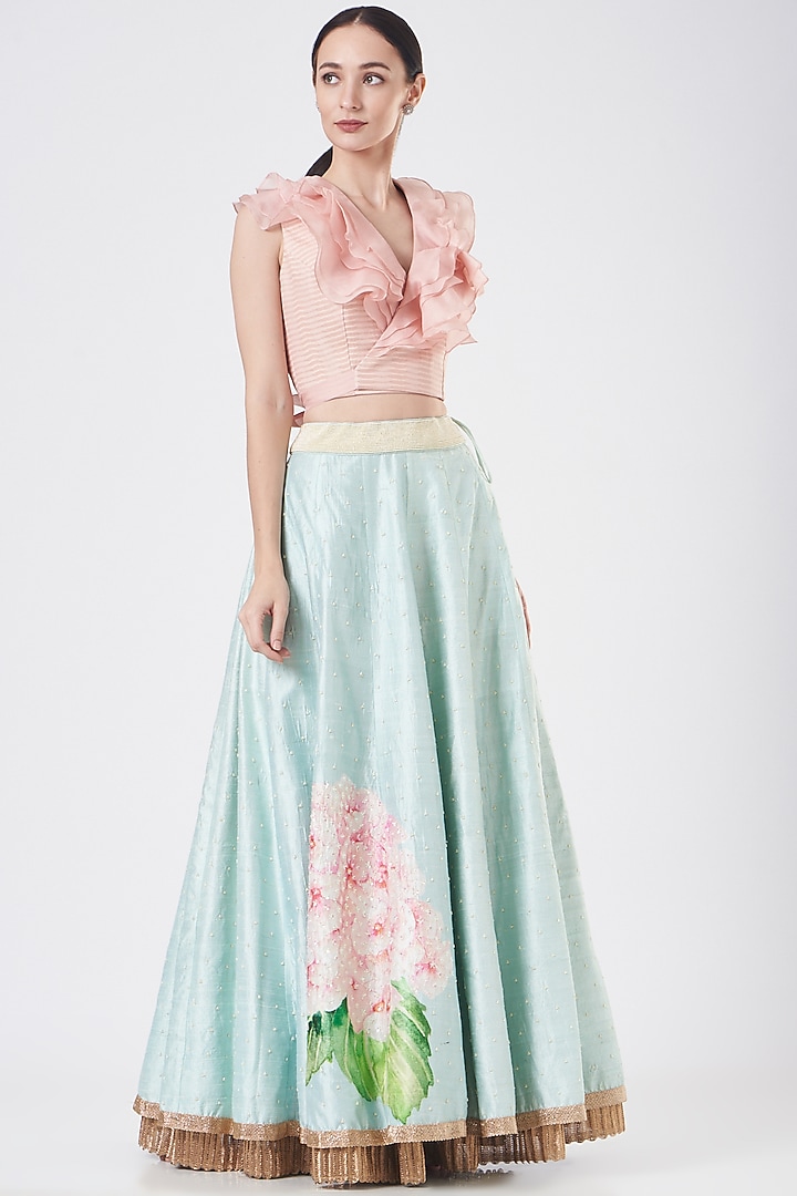 Pale Turquoise Raw Silk Wedding Lehenga Set by Yashodhara at Pernia's Pop Up Shop