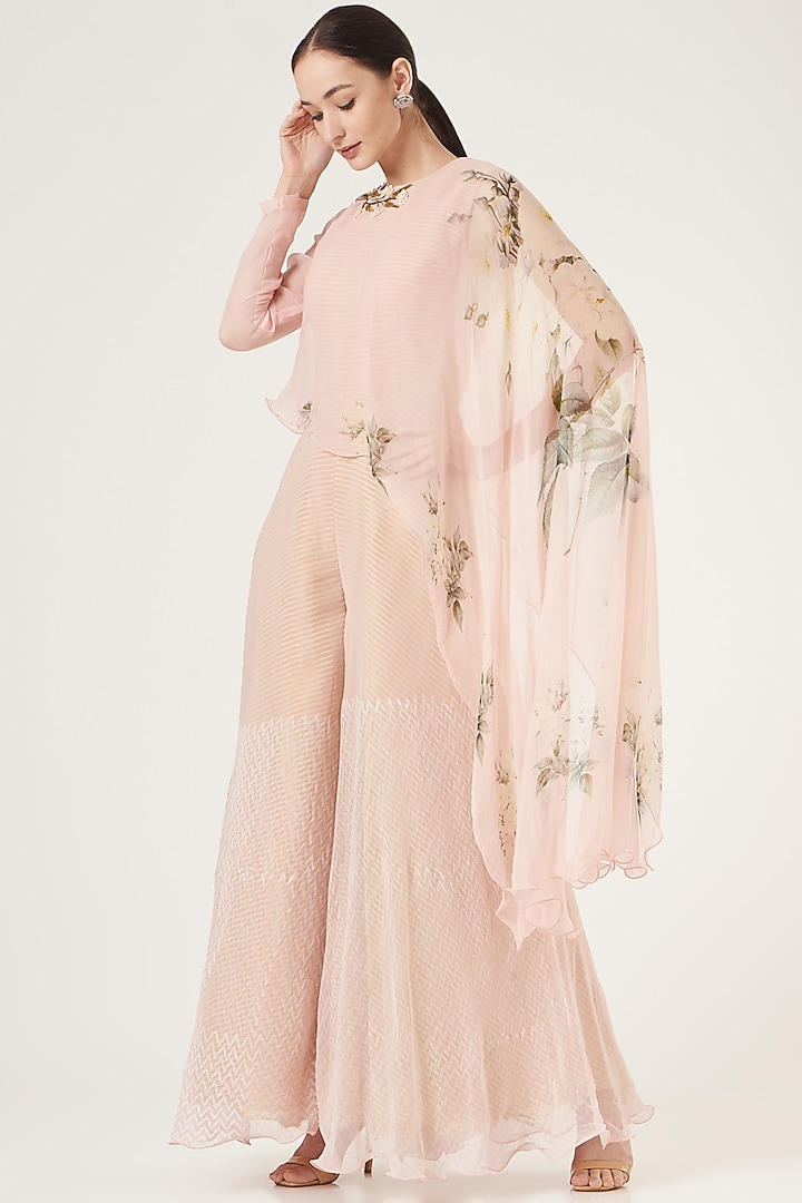 Blush Pink Printed Jumpsuit With Cape by Yashodhara